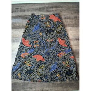 Water Witch Castine Maine Batik Print A-Line Midi Skirt Blue Red Floral Bird S